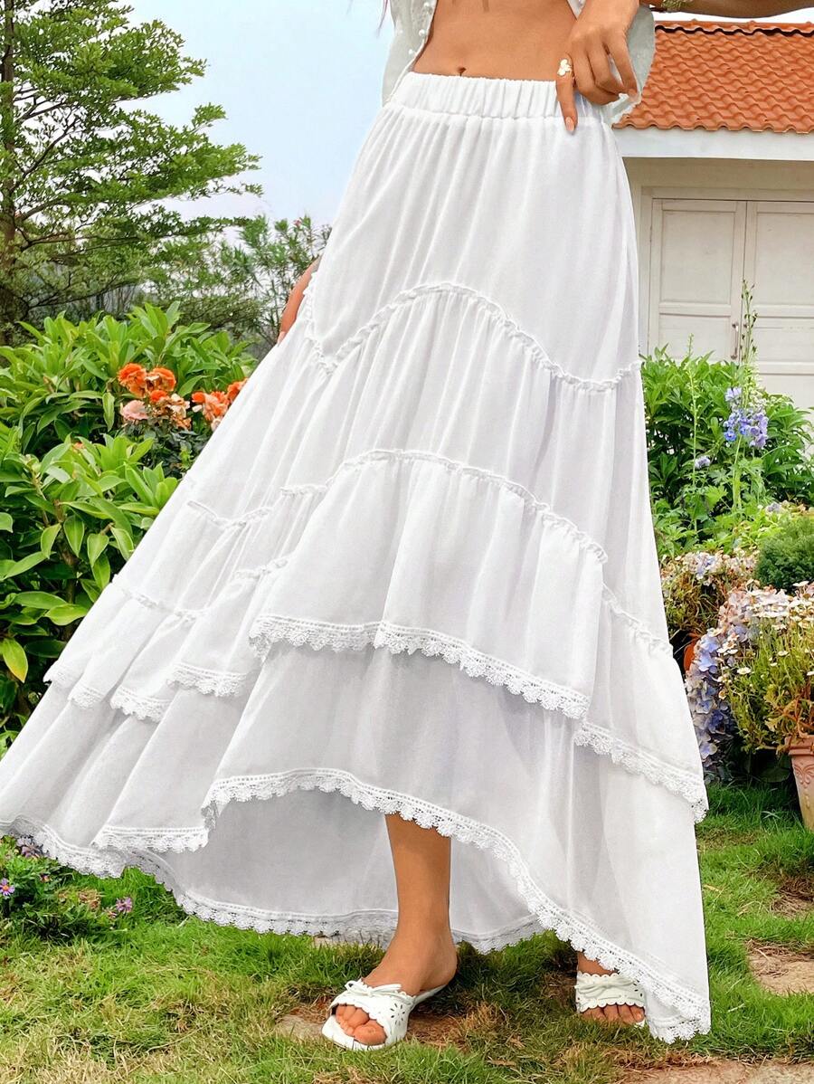 SHEIN VCAY Minigonna asimmetrica con vita elastica e pizzo a contrasto, per vacanze estive, abbigliamento estivo da donna