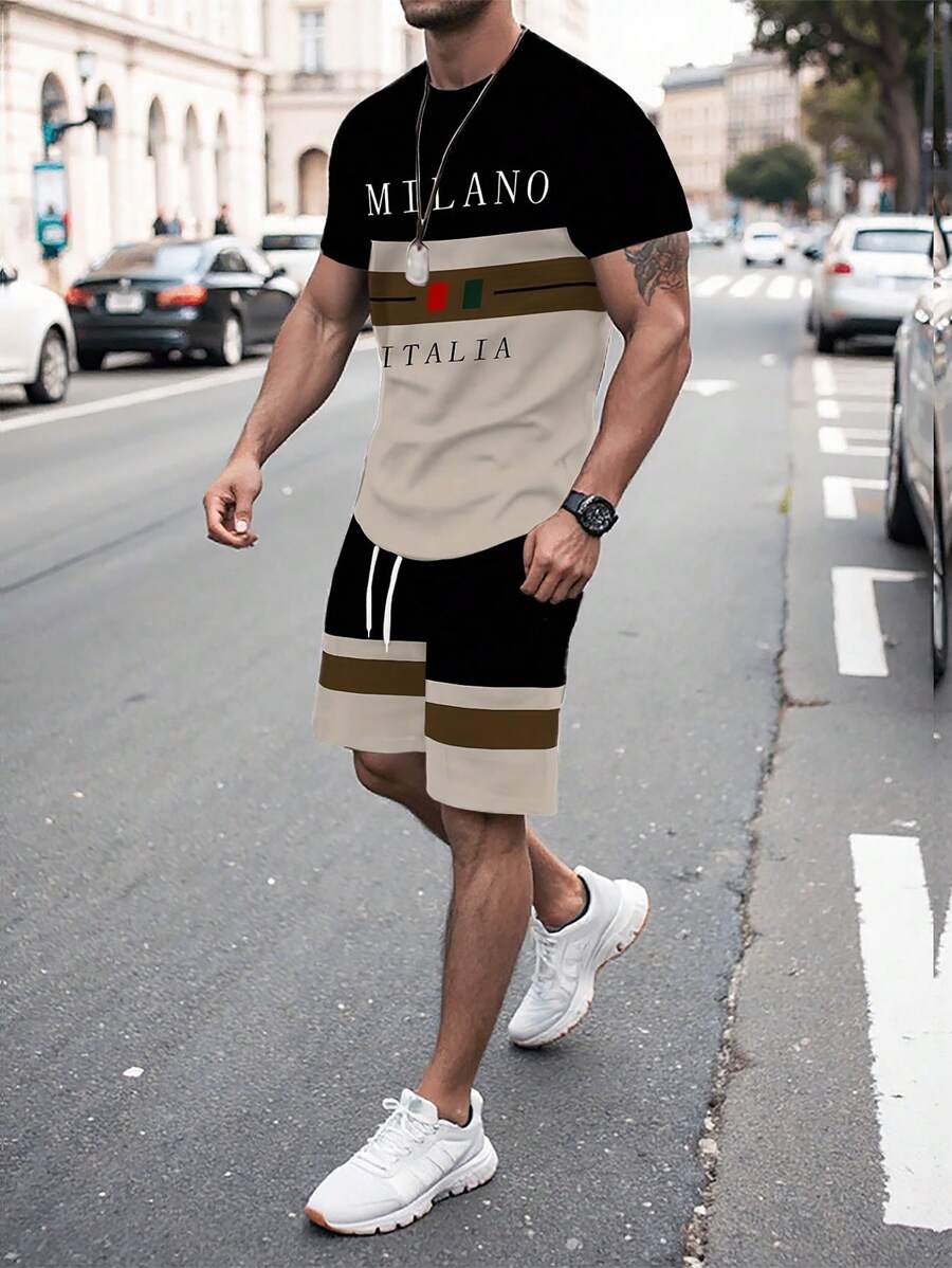 Manfinity Homme Ensemble t-shirt décontracté d'été et short pour hommes avec imprimé lettres bicolores