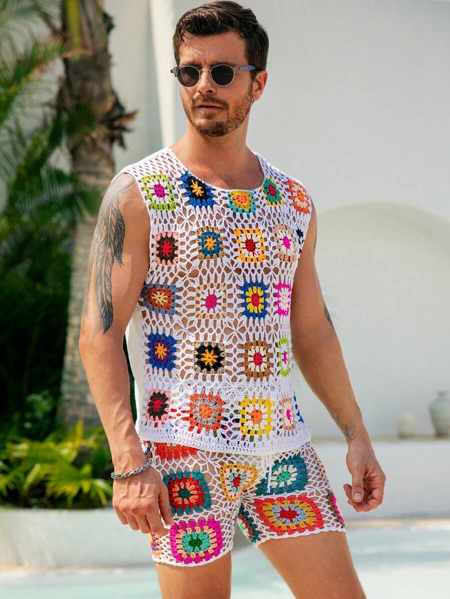 Manfinity Swimmode Men's Bohemian Style Round Neck Sleeveless Knitted Top And Shorts, 2 Pieces Knit Suit Crochet