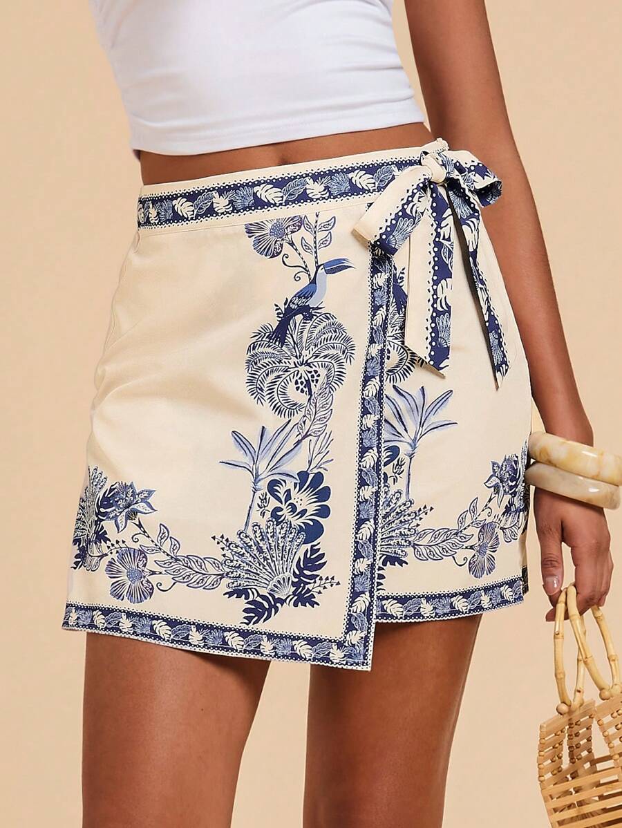 Travachic Women's Floral Print Asymmetric Hem Side Knot Waist Midi Skirt For Vacation,Summer Outfits For Women,Beach Vacation Outfits,Vacation,Beach Outfits For Woman,Bohemian Clothes