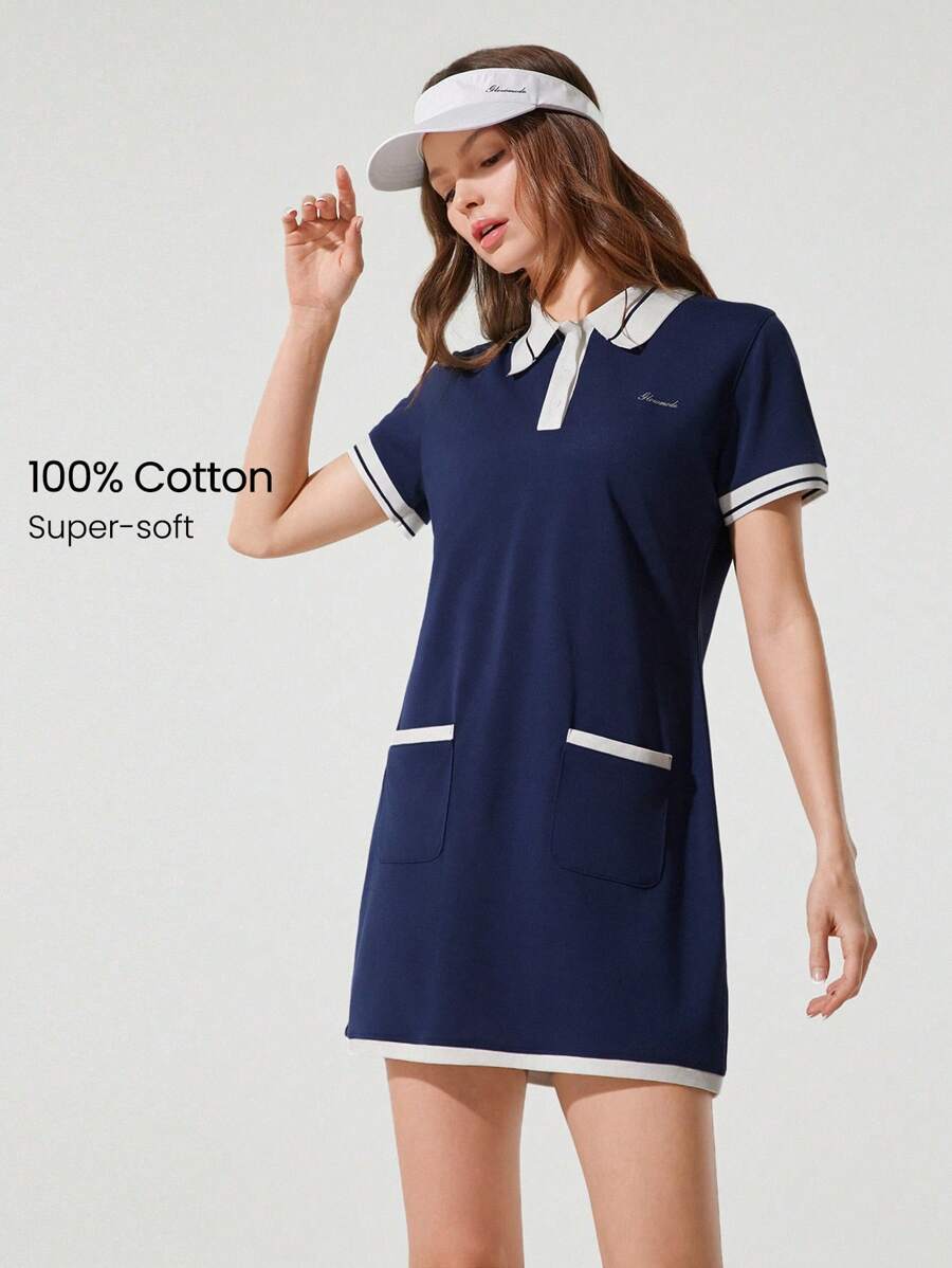 GLOWMODE Cotton Piqué Full Court Colorblock Decorative Pockets Button Polo Collar Dress Tennis Golf Pickleball Low Impact Daily Casual Wear