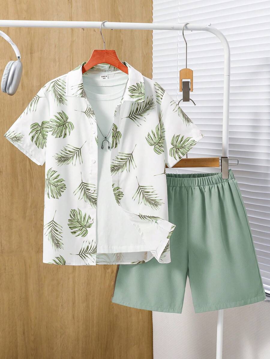 2 pièces Ensemble de chemise à manches courtes florales et shorts décontractés pour garçons préadolescents, convenant pour le trajet, l'école, le port casual quotidien, les sports, le printemps/l'été, les vacances, la plage