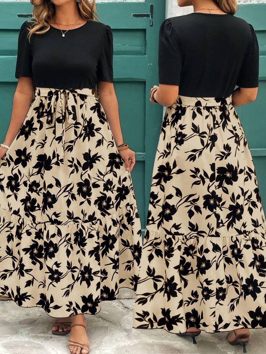 SHEIN Clasi Abito con stampa floreale, orlo arricciato, maniche corte e scollo tondo, per donna in taglie forti. Abito per compleanno, abbigliamento estivo da donna, abito nero, abito da spiaggia, abito floreale da donna, abbigliamento boho da donna, per vacanze
