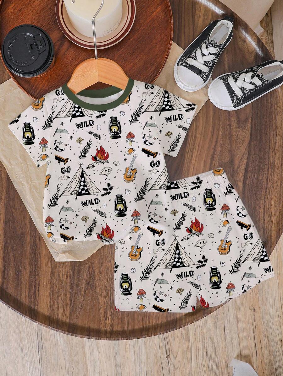 Baby Jungen Sommer lässiges minimalistisches Muster Kurzarm Rundhals T-Shirt und Shorts Set