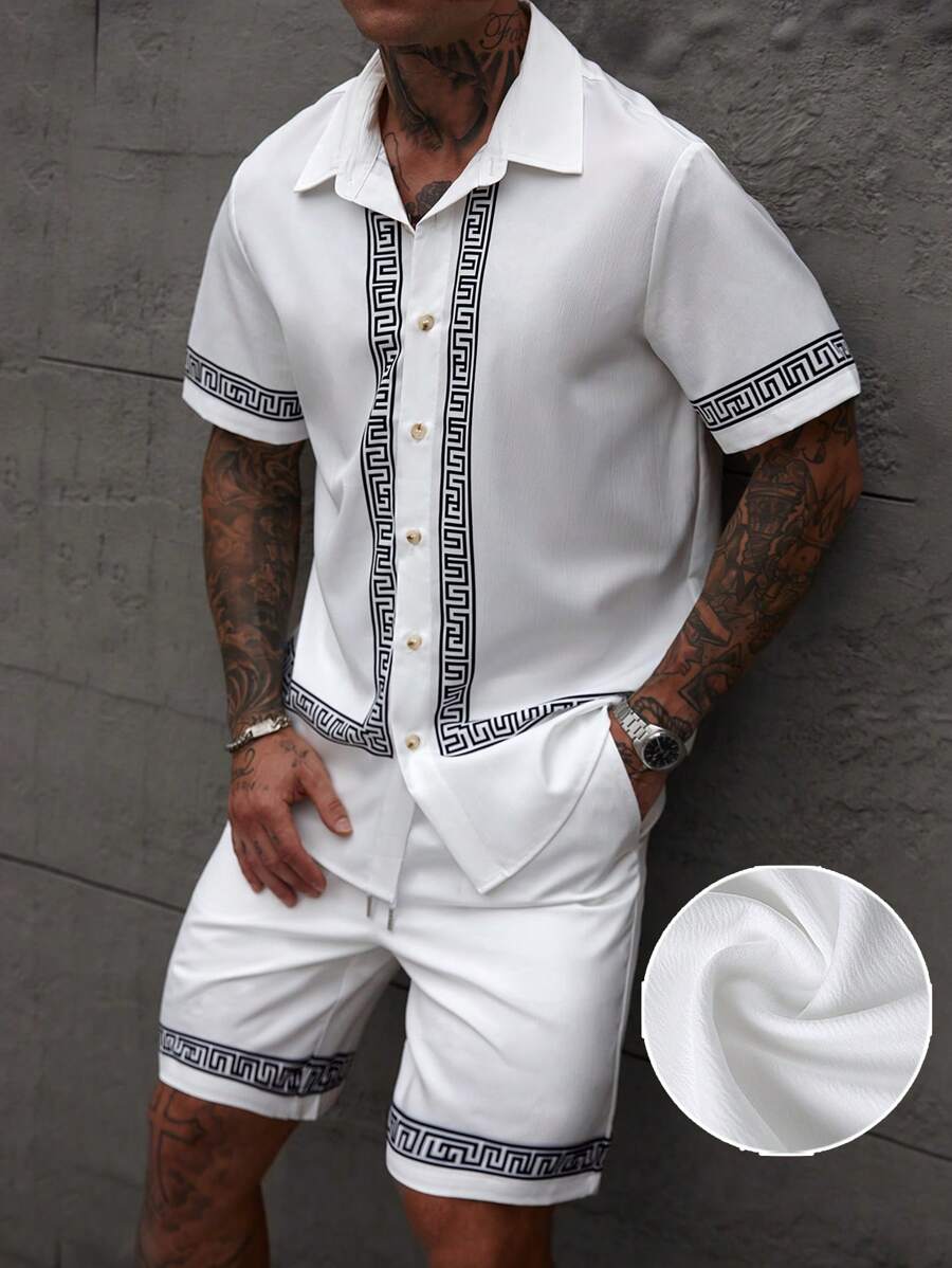 Manfinity Homme Set da 2 pezzi per uomo, composto da camicia a maniche corte con stampa geometrica + pantaloncini con coulisse, tuta unica con motivo boemo, adatta per uso quotidiano e vacanze, ottimo regalo per il tuo ragazzo o marito