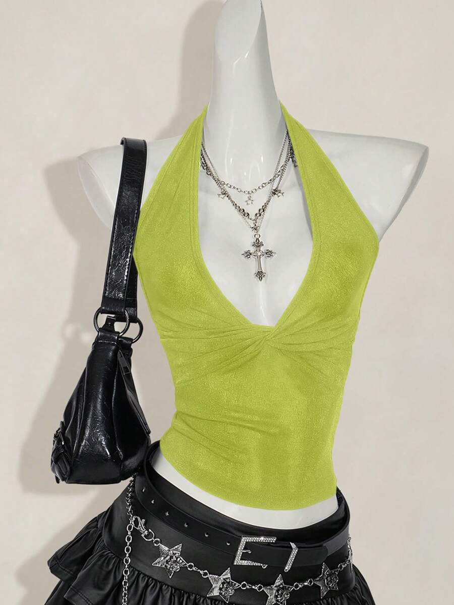 SHEIN ICON Canotta casual con scollo a V profondo e collo annodato, di moda per l'estate