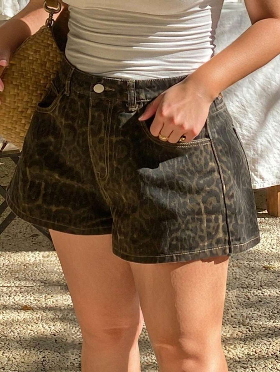 Dazy Plus Shorts vaqueros cortos de estilo casual de calle, sueltos, con estampado de leopardo