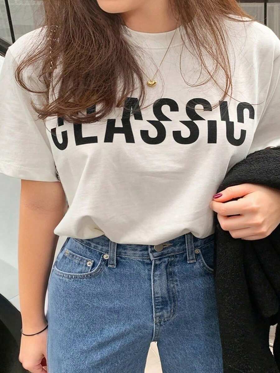 Dazy Plus Maglietta bianca estiva oversize da donna con stampa a lettere di colore unito