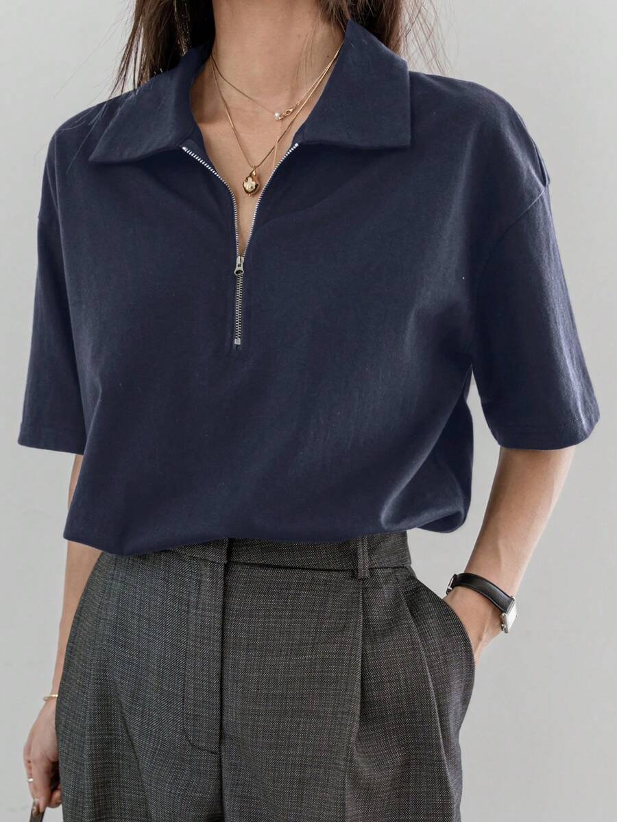 Dazy-Less Women's Business Casual Half-Placket Collared Loose Short Sleeve T-Shirt