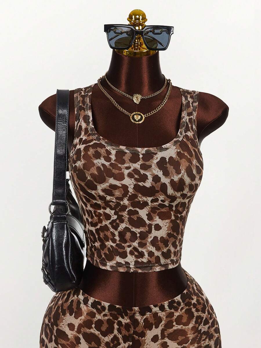 Amplova Women's Fashion Cut-Off Leopard Print Mesh Bodycon Tank Top