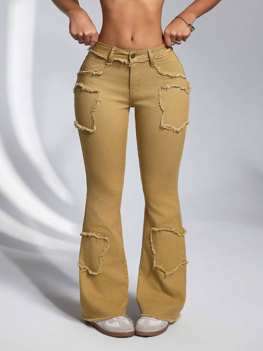 SHEIN ICON Women's Simple Front Button Pocket Frayed Hem Casual Jeans, Everyday Wear