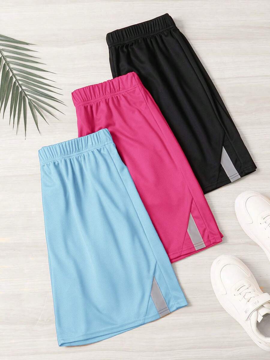 SHEIN 3 Stücke/Set Teenager Jungen Lässig Patchwork Reflektorband Shorts, Schwarz/Grau/Blau, Sport & Freizeitkleidung