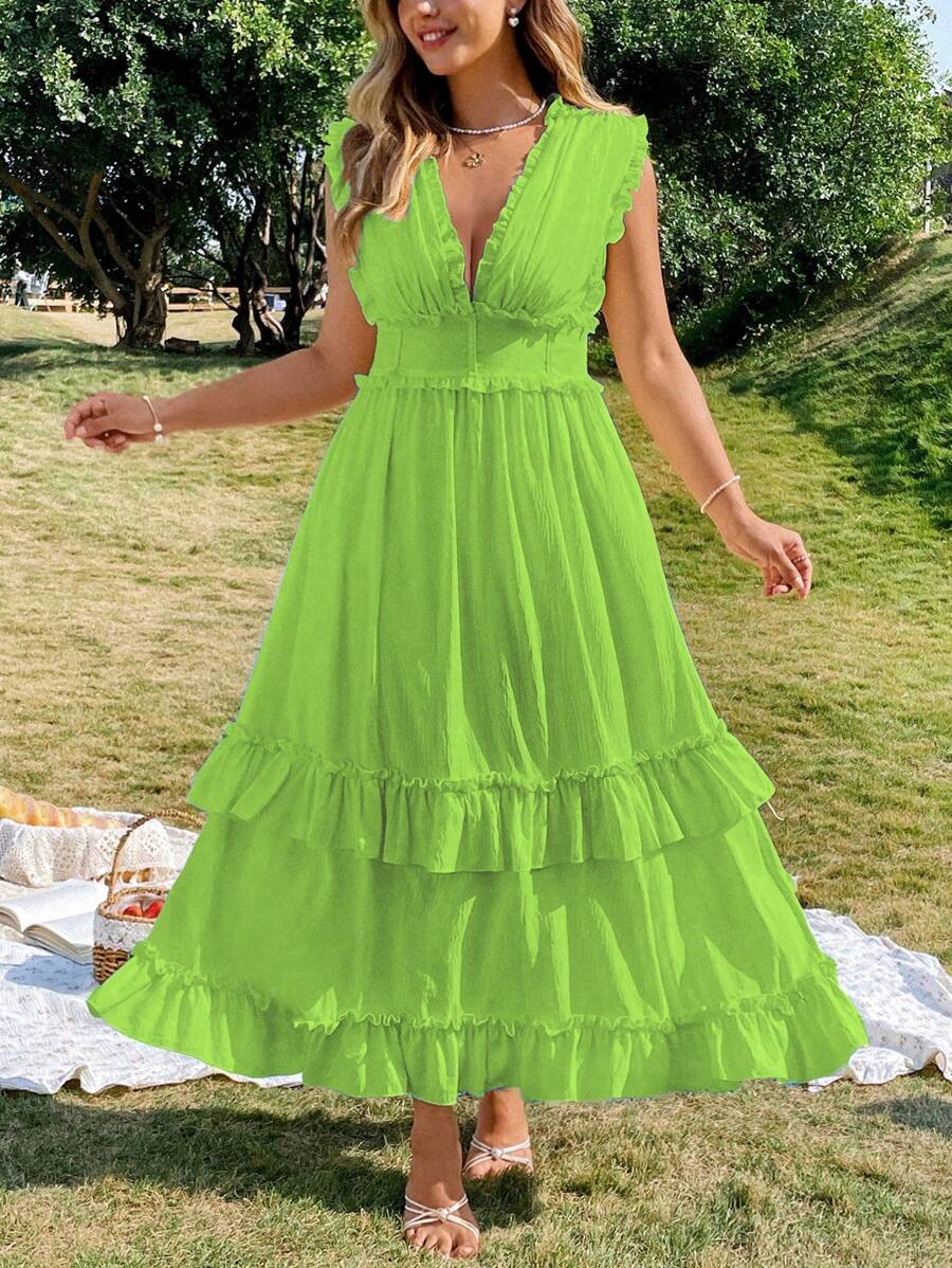 Franclia Plus Size Women Elegant Solid Color Ruffle Hem Tie Strap Dress