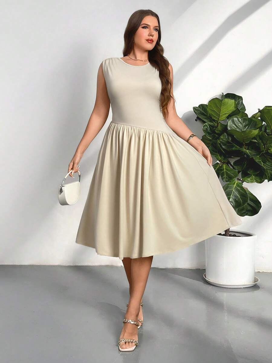 Firerie Vestito midi elegante e minimalista da donna per primavera/estate in stile romantico francese da vacanza, con vita arricciata e legata sul retro, con linea ad A, colore albicocca, taglie comode