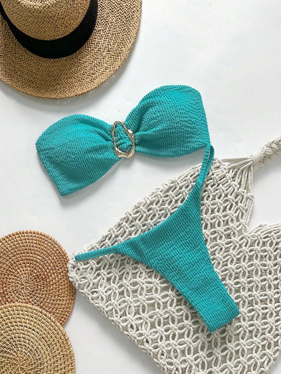 Swim Basics Ensemble de bikini sexy en tissu jacquard sans bretelles avec décoration métallique pour femme pour le printemps