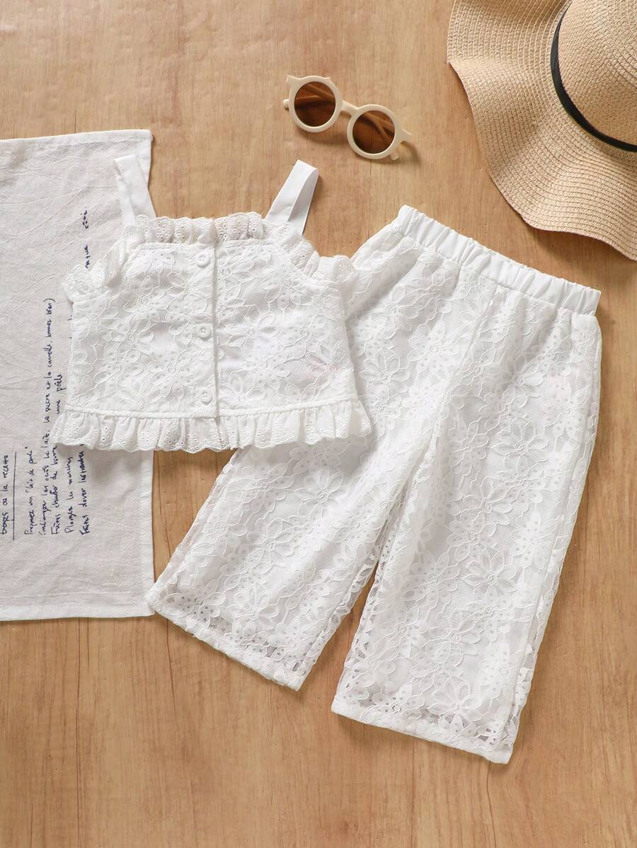 2 pièces Ensemble mode casual bébé fille Débardeur en dentelle et pantalon en dentelle Deux pièces, style doux pour filles, nouveaux produits pour le printemps et l'été