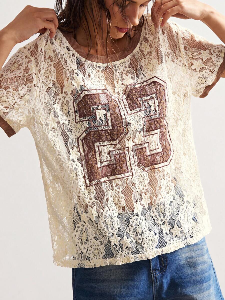 Bohemela Blusa da donna casual estiva in stile boho, con motivo a uncinetto color tinta unita, collo rotondo, manica corta, aderente