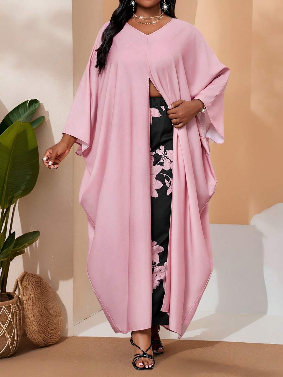 SHEIN Lady Vestido largo de túnica con mangas de murciélago abiertas, escote en V, pliegues y falda con abertura, en colores bohemios, casual y elegante, para primavera y verano, adecuado para pasear, playa u ocasiones casuales, tallas grandes, conjunto de 2 piezas para vacaciones