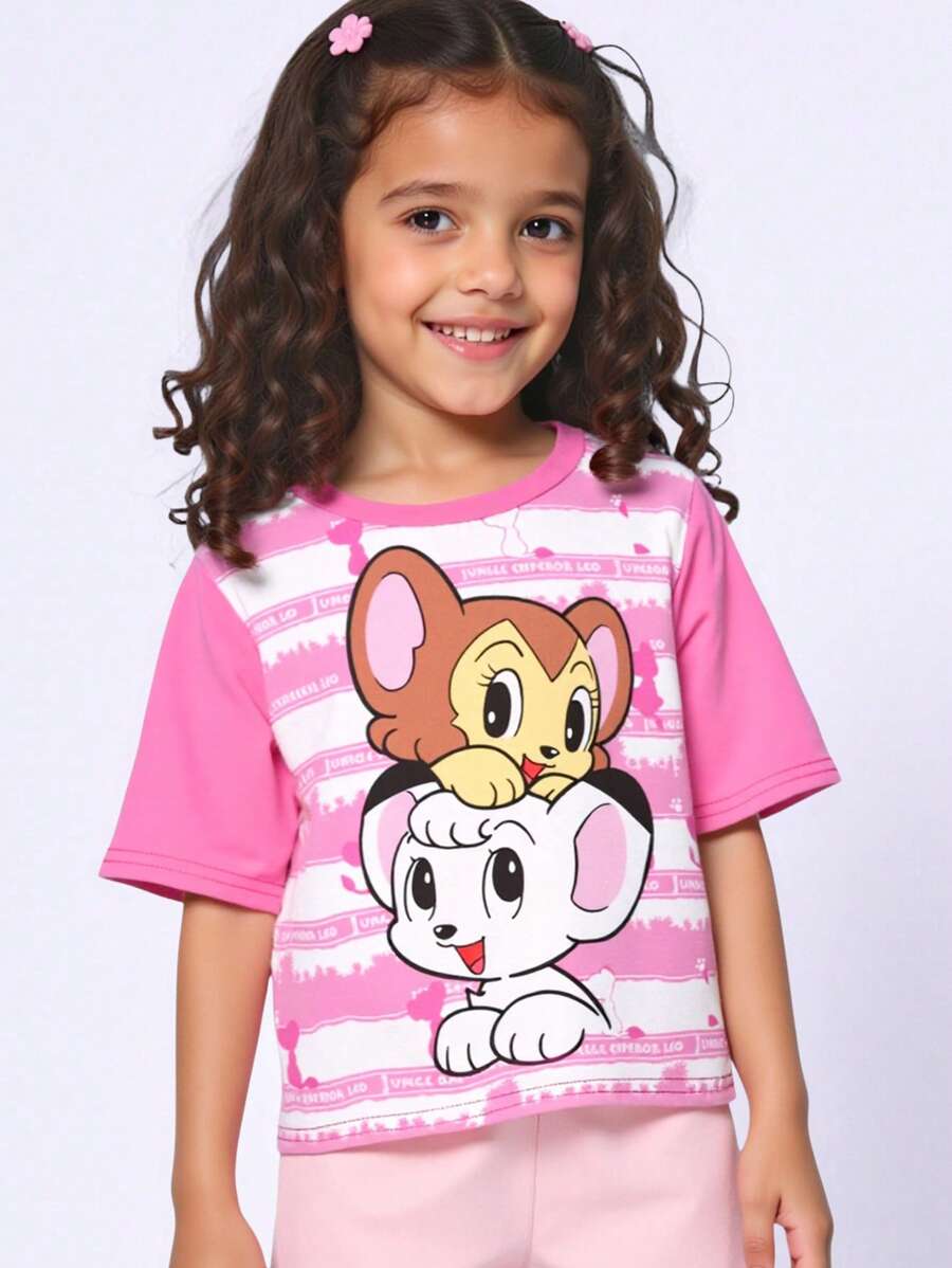 Kimba The White Lion X SHEIN Young Girl Cartoon Pattern Round Neck Short Sleeve T-Shirt For Summer