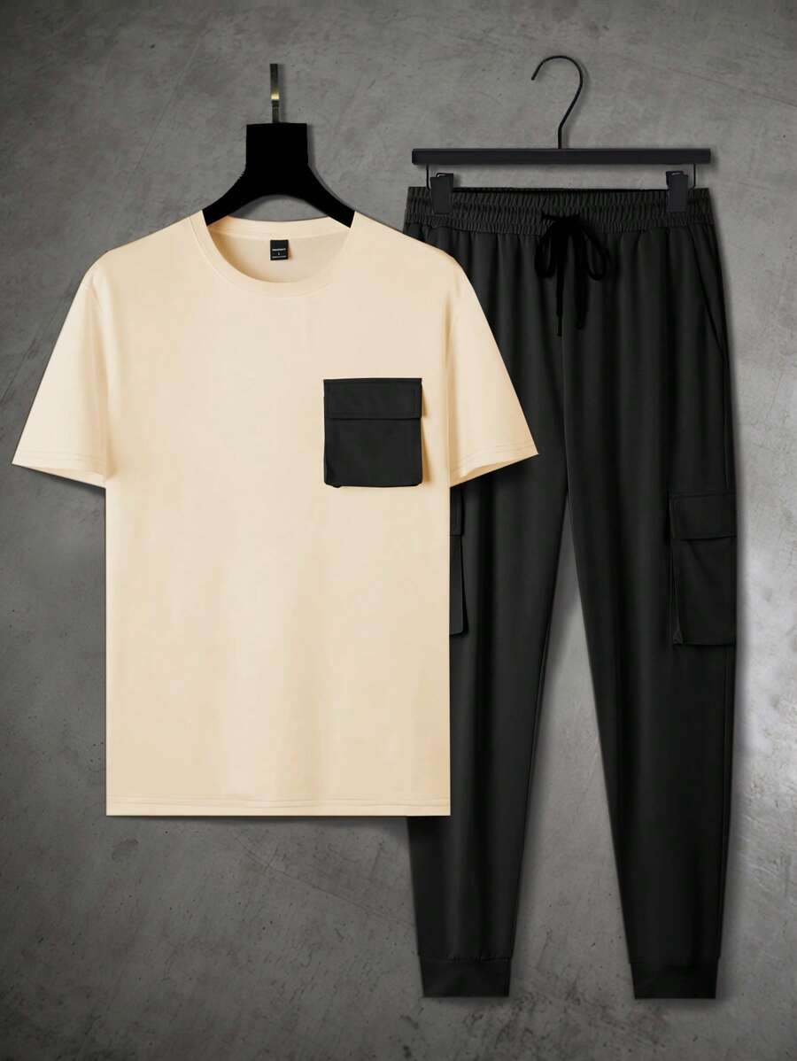 Manfinity Homme 2pcs Men's Contrast Color Pocket Short Sleeve T-Shirt And Shorts Casual Set