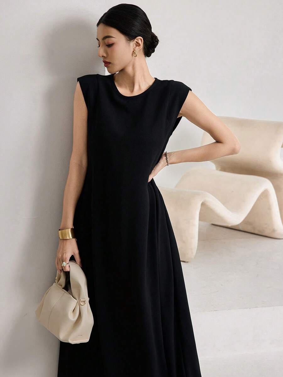 Heiryn Women's Solid Color Black Round Neck Simple Long Arabic Style Dress, Casual Vacation ,Black Dress