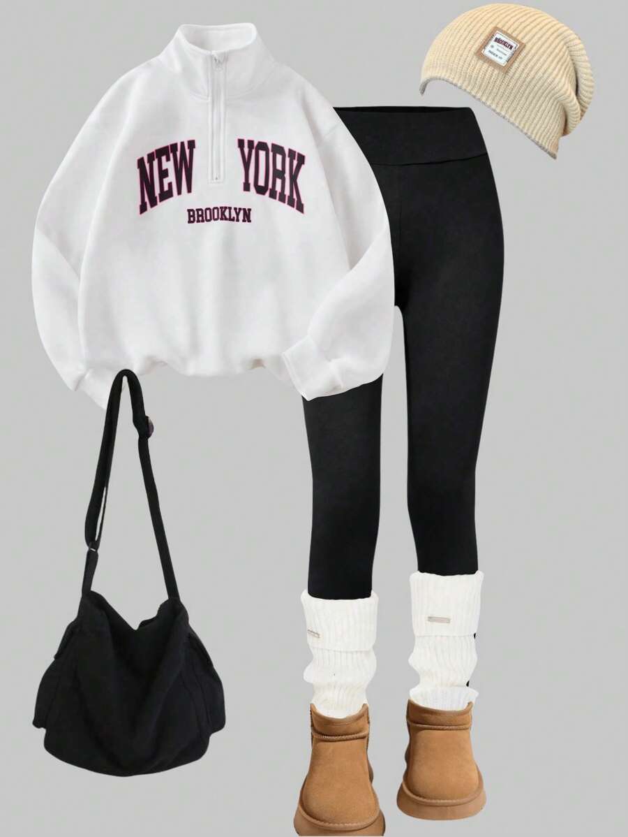 SHEIN Set de 2 piezas para niñas preadolescentes que incluye sudadera con cuello alto con estampado de letras y gráficos forrada térmicamente, y leggings negros para deporte, para otoño/invierno