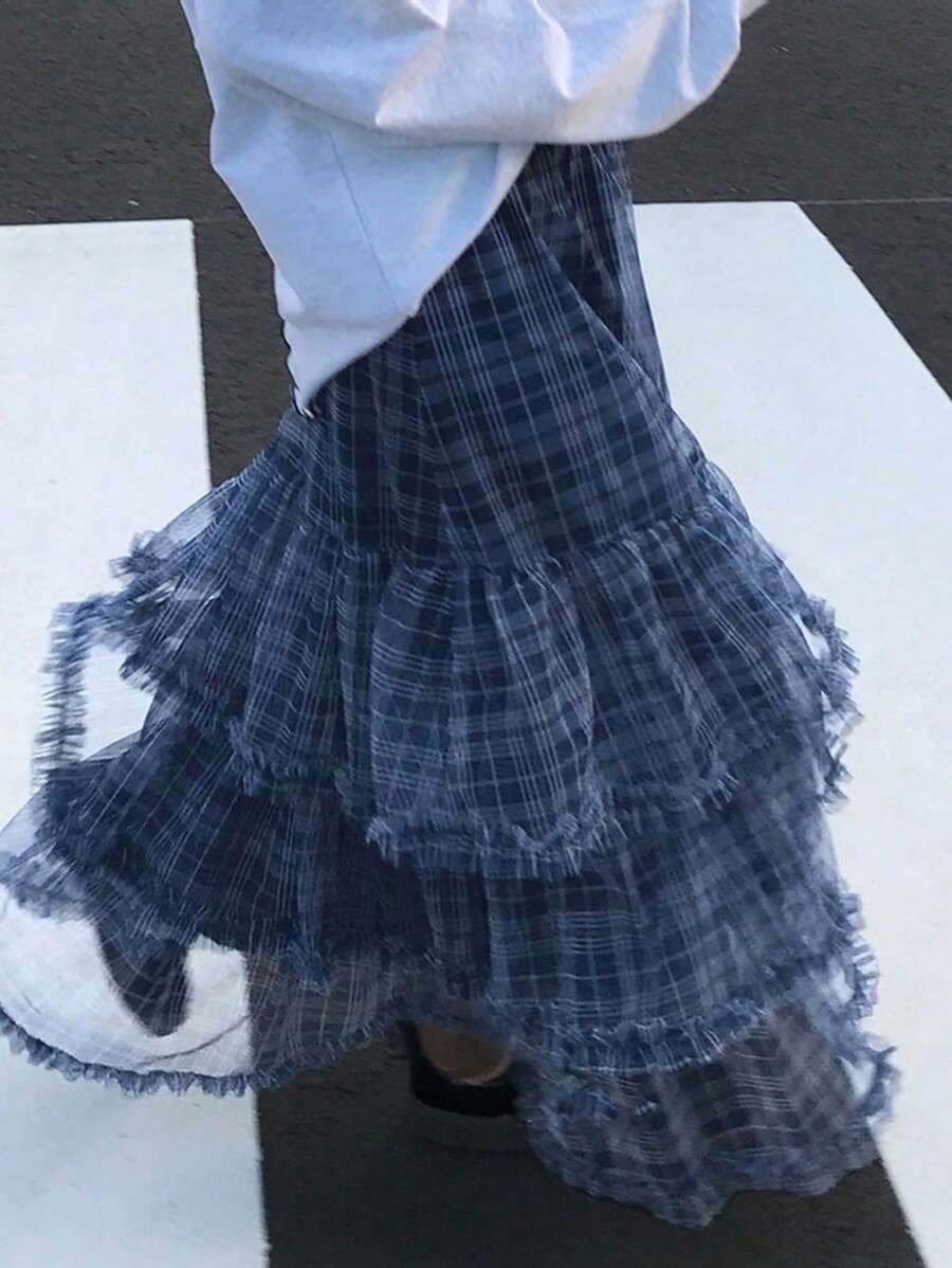 Dazy Plus Elastic Waist Plaid Chiffon A-Line Skirt, Spring/Summer