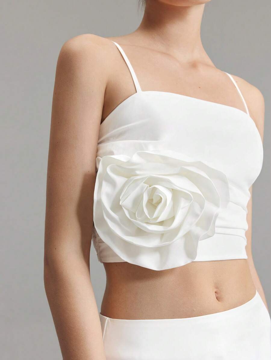 Ontre 2025 Nieuwe dames mouwloze bustiertop, witte linnenmix bloemenapplicatie croptop, bruiloftsfeeststijl casual dagelijkse kleding