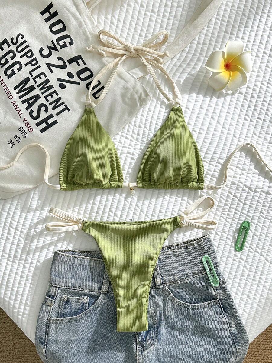 Swim Vcay Set bikini sexy pentru femei, de vară, curea reglabilă, cu pandantiv cu perle, culoare simplă