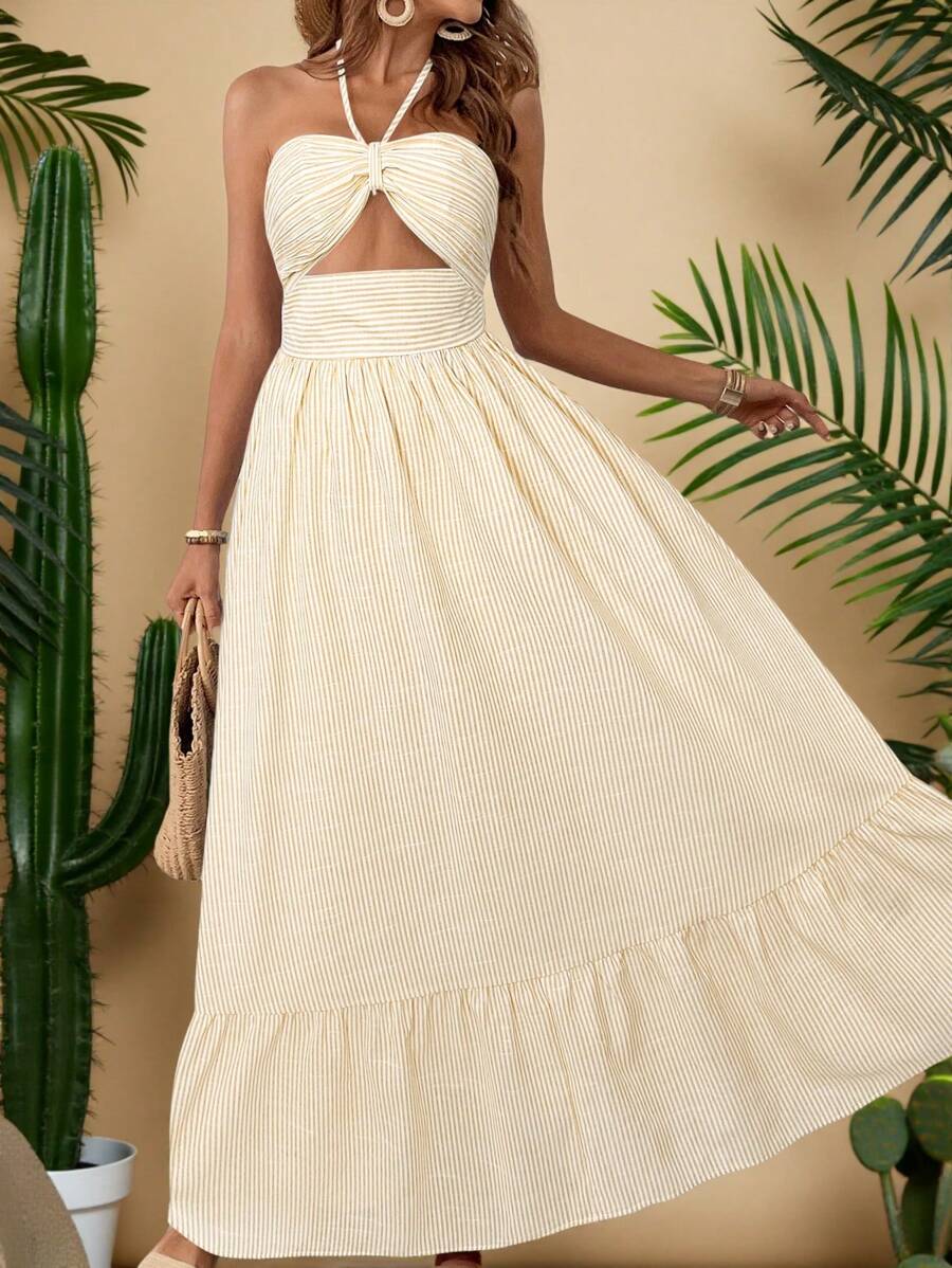 Travachic Vestido de verano casual de mujer con cuello de halter, volante en el bajo y rayas