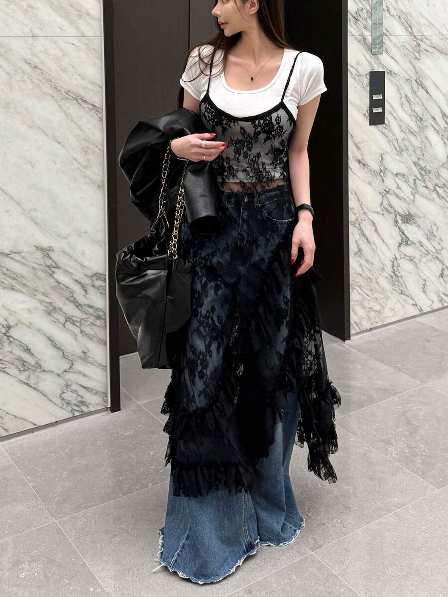 DAZY Canotta da donna in pizzo con patchwork e strati