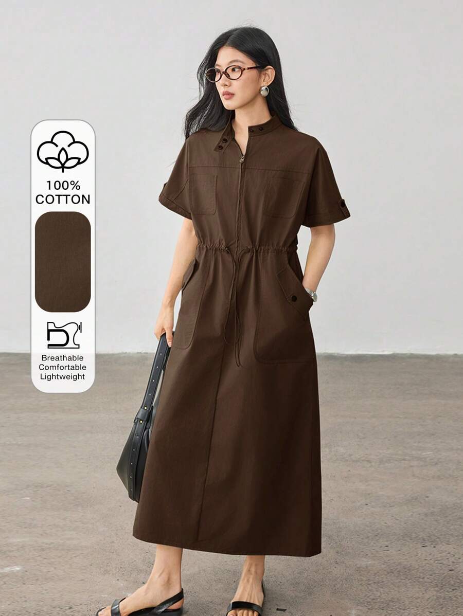 Dazy-Less Vestido casual holgado de manga corta con cuello en V y largo midi con bolsillos grandes y cintura con cordón para mujer, estilo de cargo para mujer de negocios casuales