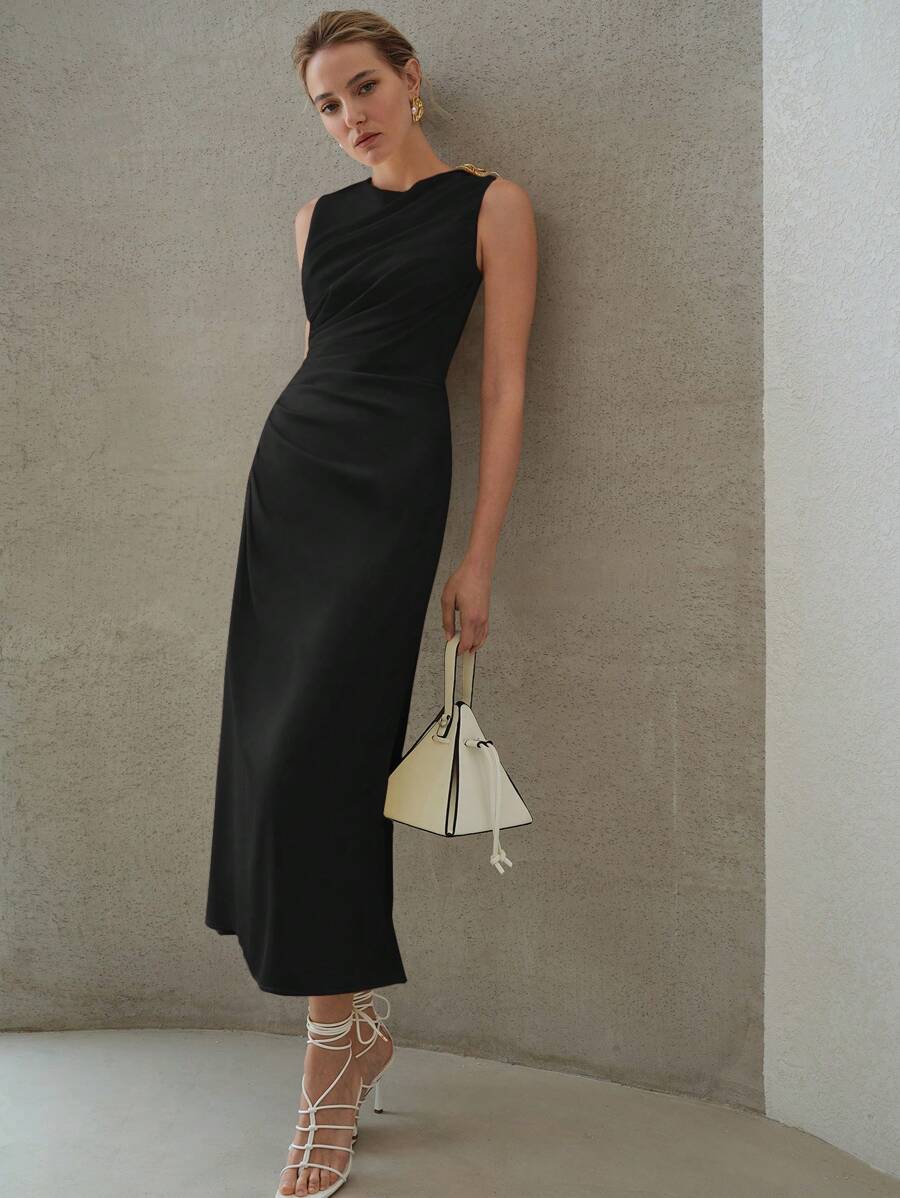 MOTF PREMIUM Vestido midi con decoración metálica fruncida