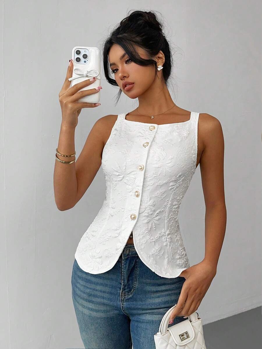 Gloray Ärmellose, elegante Damen Bluse mit Perlknöpfen vorn