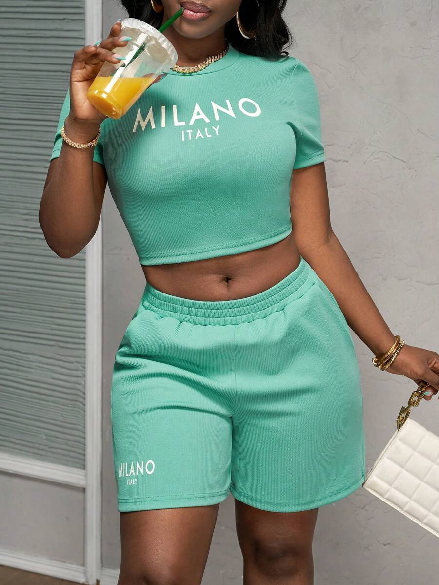 Slaydiva Nieuwe casual en eenvoudige basis lente en zomer ronde hals korte mouwen milano cropped t-shirt + kwart broek joggingbroek blauwe textuur stof dames tweedelige set-A