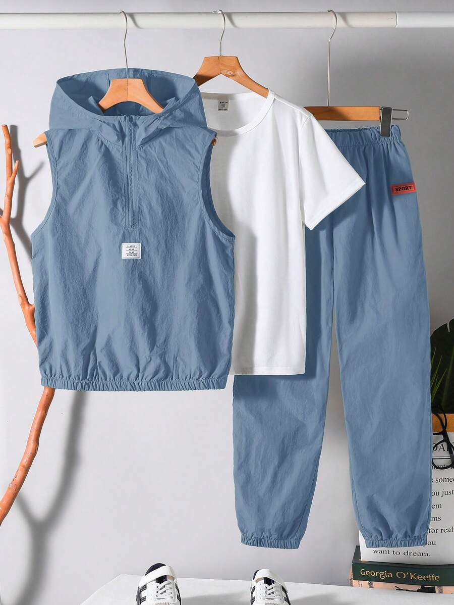 Compra 2 y llévate 1 gratis, Set de 3 piezas para niños preadolescentes con sudadera con capucha y cremallera, chaleco y pantalones de cintura elástica de estilo escolar casual, cómodo, de moda simple y práctico, con camiseta básica gratis, adecuado para otoño, primavera, verano, uso diario, al aire libre, escuela, calle, fiesta, hogar