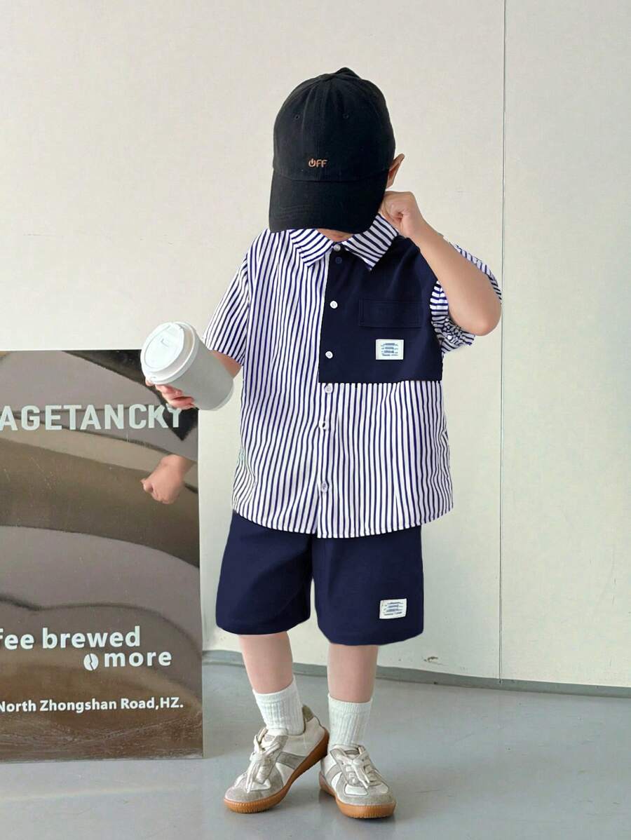 2pcs/Set Young Boys Comfortable Casual Loose Fit Korean Fashion Stylish Striped Shirt And Contrast Color Shorts Set, Suitable For Daily Wear, Sports, Outing, School, Parties, Festivals, Photoshoot, Back To School Season, Spring/Summer