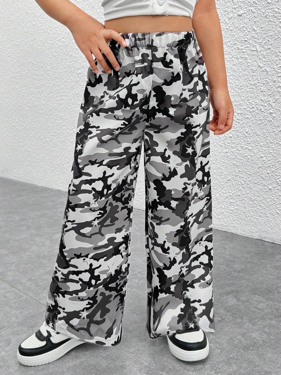 Pantalones sueltos y casuales con estampado de camuflaje trenzado para niñas