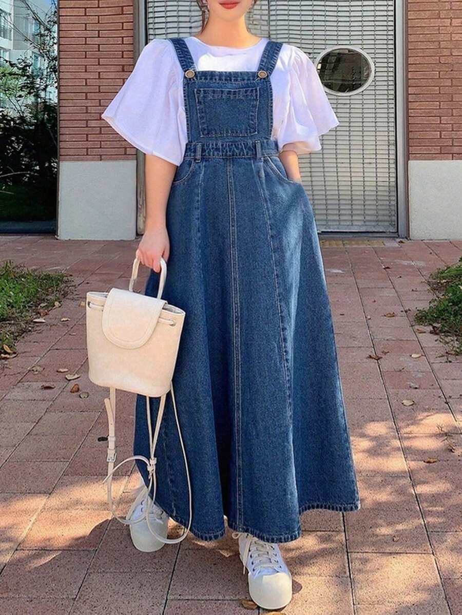 Dazy Plus Dark Washed Denim Pinafore Dress, Suitable For Spring, Summer, And Year-Round Layering