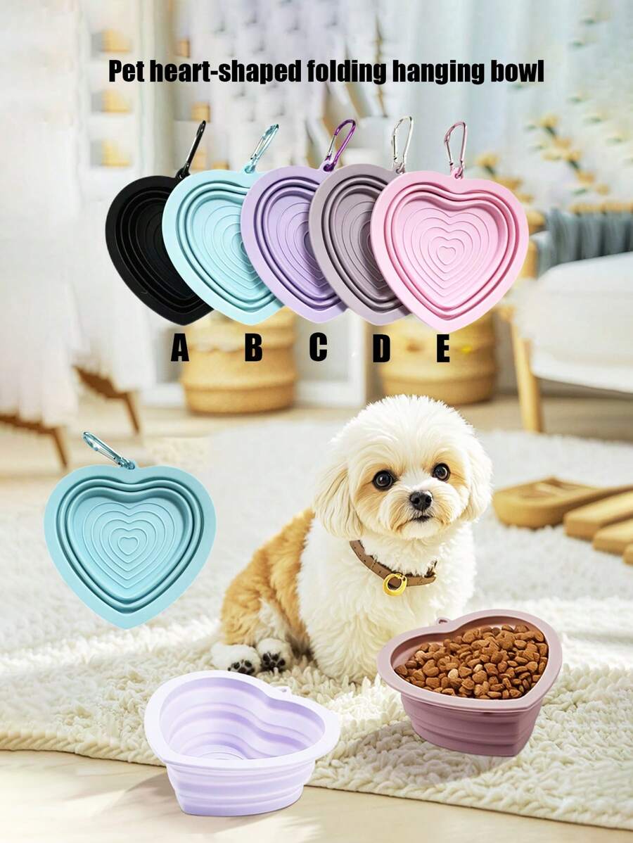 PETSIN 1pc Heart-Shaped Silicone Collapsible Anti-Spill Cat/Dog Bowl, Foldable Pet Food & Water Bowl, Portable Pet Travel Dish, Pet Supplies