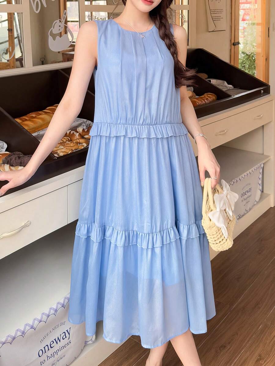 SHEIN Teen Girls Blue Elegant Minimalist Round Neck Sleeveless Loose Stylish Woven Casual Dress, Summer, Ruffles, A Pendulum