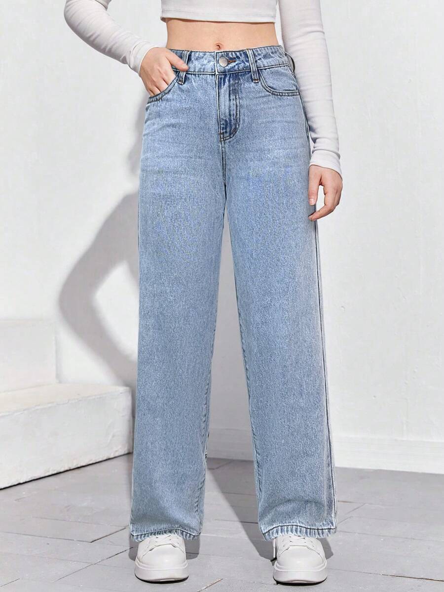 SHEIN Teen Girls' Casual Washed High Waisted Straight Leg Jeans