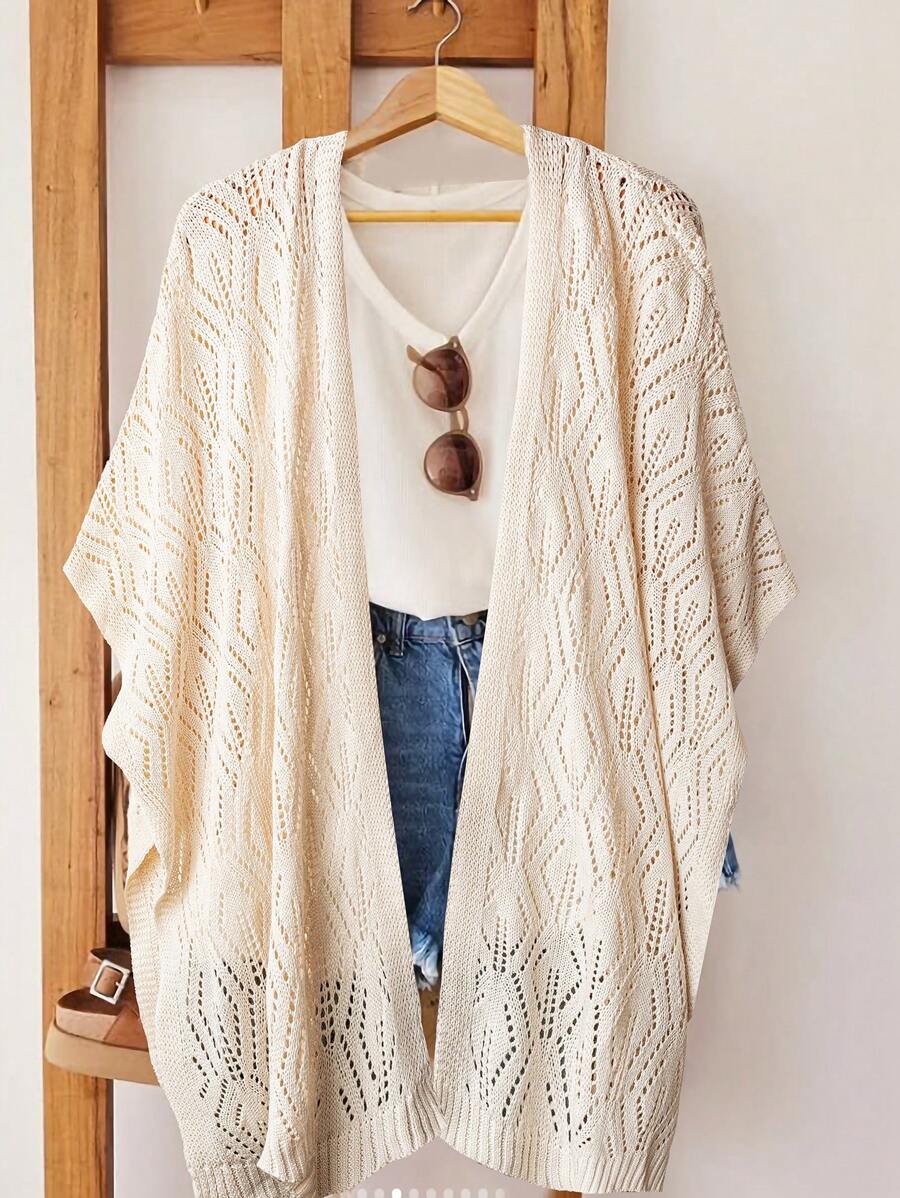 SHEIN LUNE Women Casual Solid Color Hollow-Out Knit Cardigan