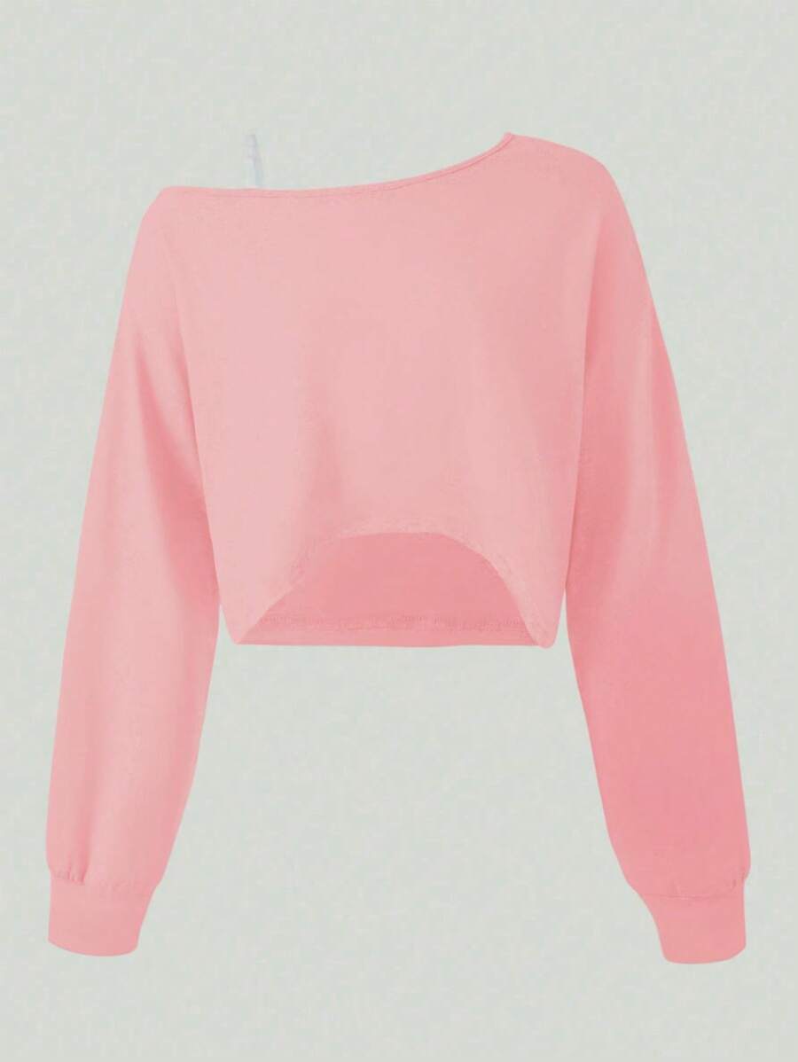 SHEIN Wildeya Tween Girls' Fashionable Asymmetrical Shoulder Long Sleeve Pink T-Shirt, Casual Street Wear