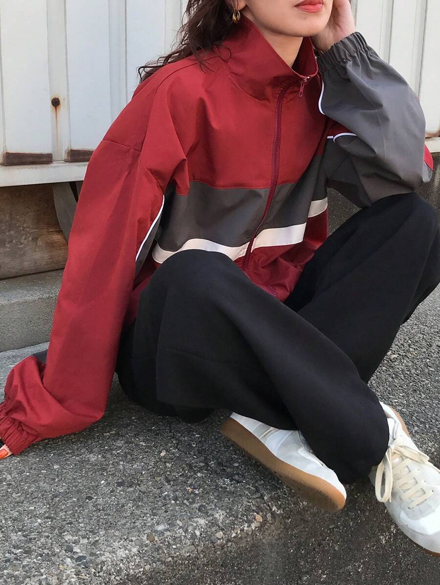 FRIFUL Women's Contrast Color Patchwork Loose Casual Jacket With Drawstring Hem, Graduation/Holiday/Beach Wear