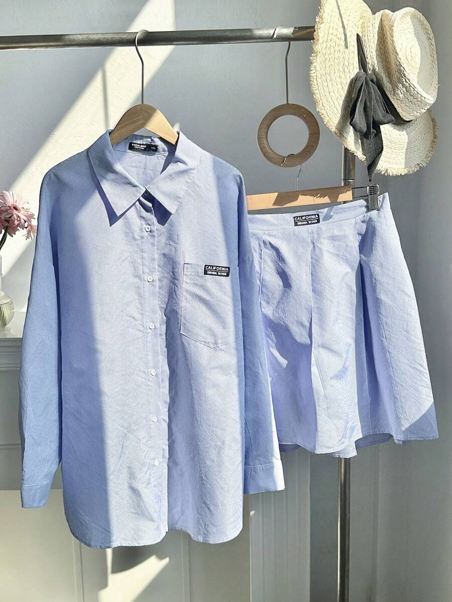 Comfortcana Set casual da donna taglie forti composto da camicia a maniche lunghe con spalle scoperte in patchwork a quadri e righe e minigonna plissettata in 2 pezzi