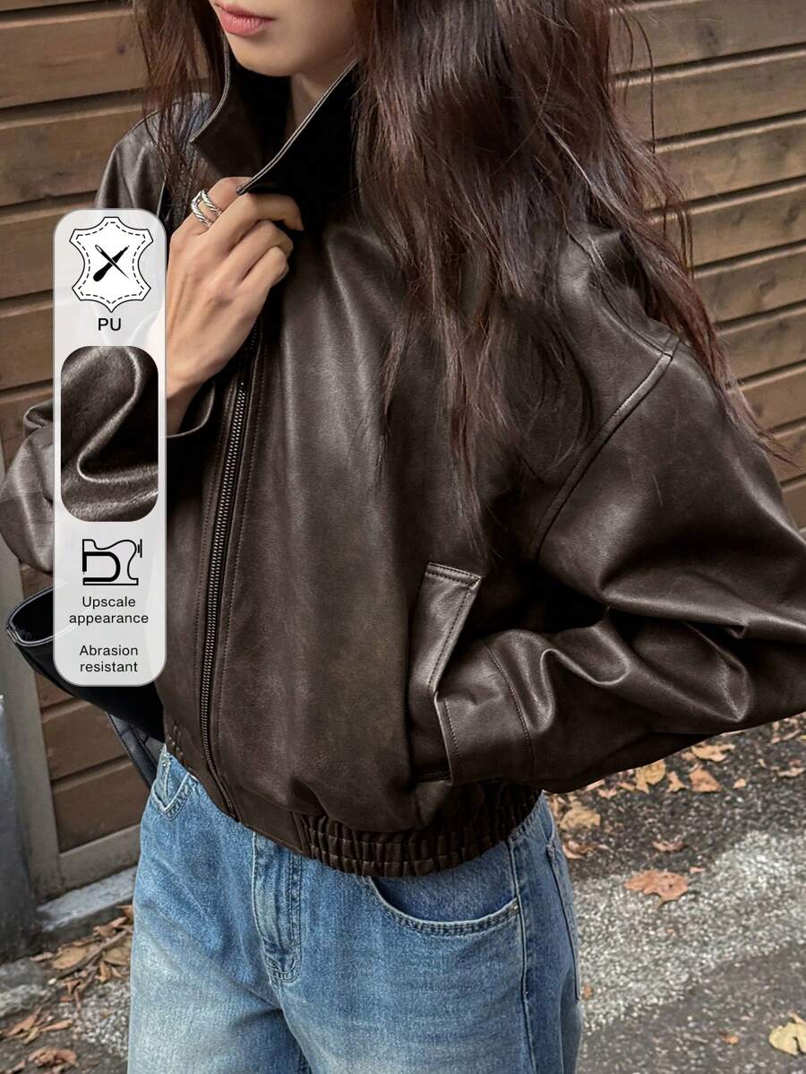 DAZY Chaqueta de cuero vintage corta nueva de primavera para mujer, ropa de otoño para el Día de San Valentín