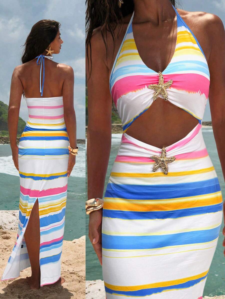 Opulessa Vestido ceñido de punto con cuello en V, decoración metálica en la parte delantera, espalda descubierta, bajo con abertura, para uso en la playa, fiestas o salidas nocturnas