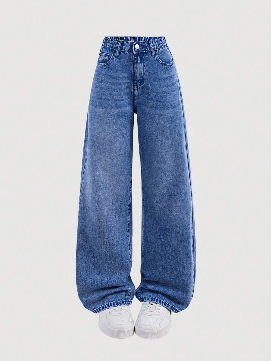 SHEIN Girlism Teen Girls' Pocket Design Wide Leg Loose Casual Denim Jeans