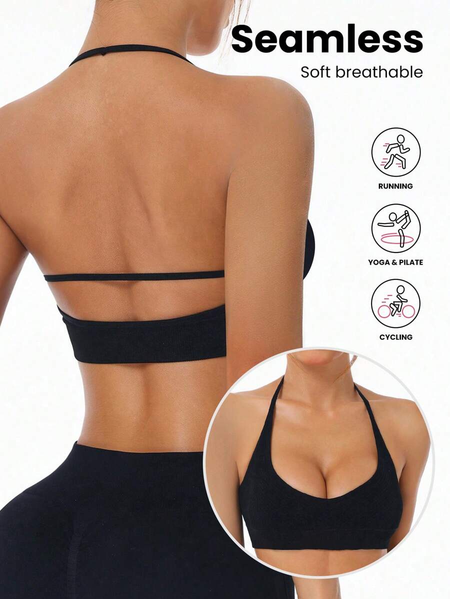 Women Plain Seamless Sports Bra With Halter